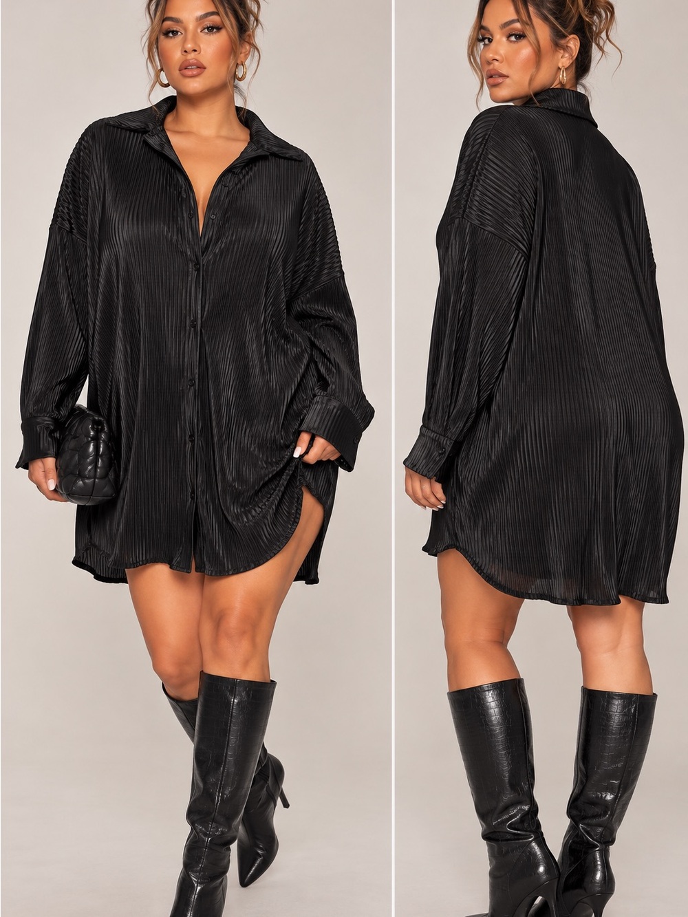 PrettyLittleThing Black Plissé Oversized Button-Up Shirt – US 6 NWT